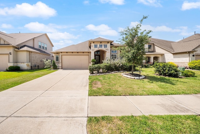 24103 Corinaldo Ct, Katy, TX 77493 - view of front facade featuring a garage, stone siding, concrete driveway, and a front yard