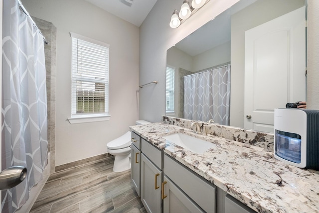 24103 Corinaldo Ct, Katy, TX 77493 - bathroom featuring vanity, wood finished floors, toilet, and a shower with curtain