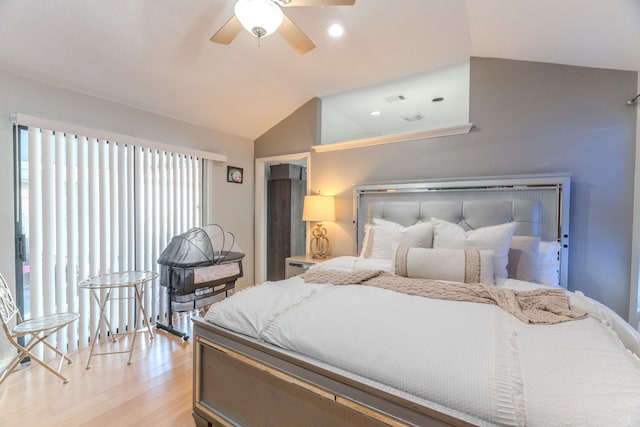 14811 S Bristol Harbour Cir, Houston, TX 77084 - bedroom featuring light wood finished floors, vaulted ceiling, ceiling fan, and recessed lighting