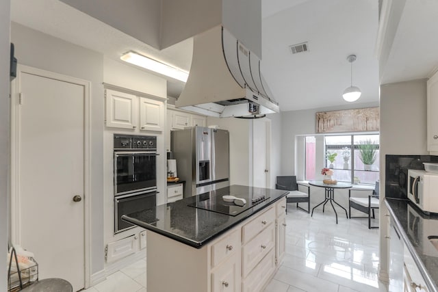 14811 S Bristol Harbour Cir, Houston, TX 77084 - kitchen featuring black appliances, dark stone counters, white cabinets, a kitchen island, and light tile patterned flooring