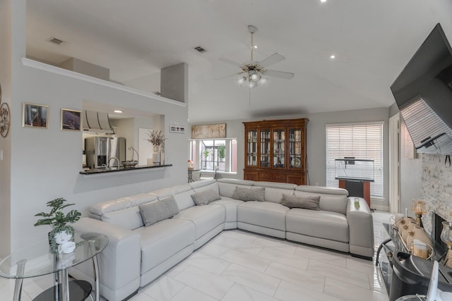 14811 S Bristol Harbour Cir, Houston, TX 77084 - living room with a ceiling fan and high vaulted ceiling