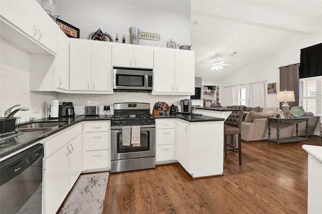 914 W 25th St Unit 2, Houston, TX 77008 - kitchen featuring stainless steel appliances, a peninsula, a sink, white cabinetry, and high vaulted ceiling