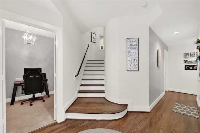 914 W 25th St Unit 2, Houston, TX 77008 - stairway with a chandelier, wood finished floors, baseboards, and recessed lighting
