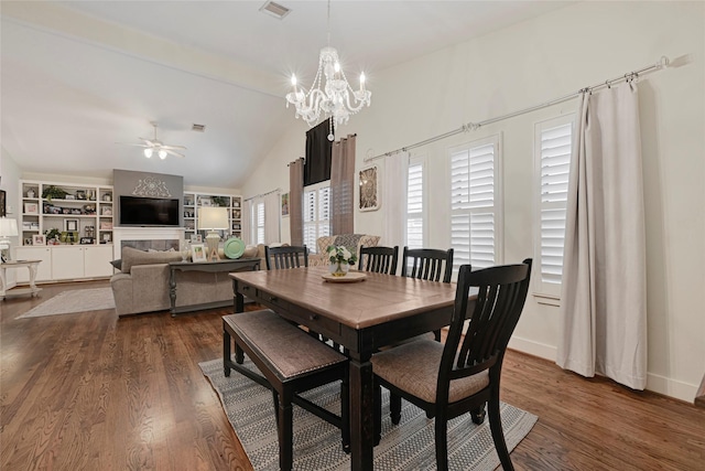 914 W 25th St Unit 2, Houston, TX 77008 - dining area with vaulted ceiling, a ceiling fan, a chandelier, dark wood-style floors, and built in features