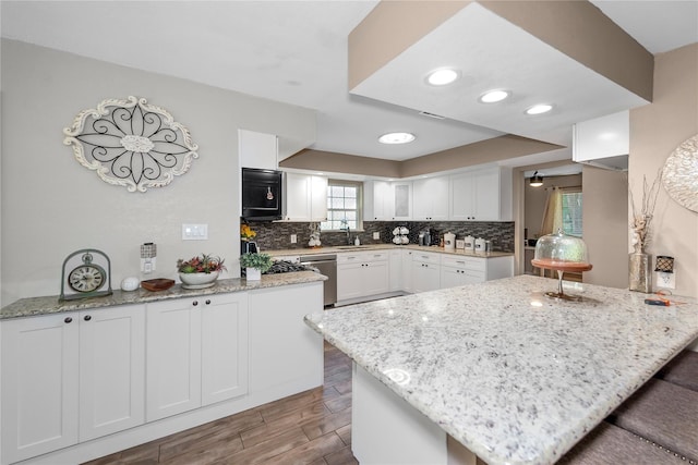 676 Ravensworth Dr, Conroe, TX 77302 - kitchen featuring stainless steel dishwasher, decorative backsplash, light wood-style flooring, white cabinetry, and light stone counters