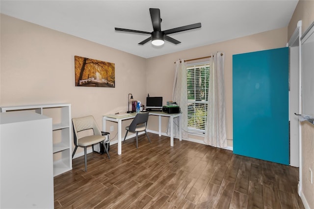 676 Ravensworth Dr, Conroe, TX 77302 - office featuring wood finished floors, ceiling fan, and baseboards