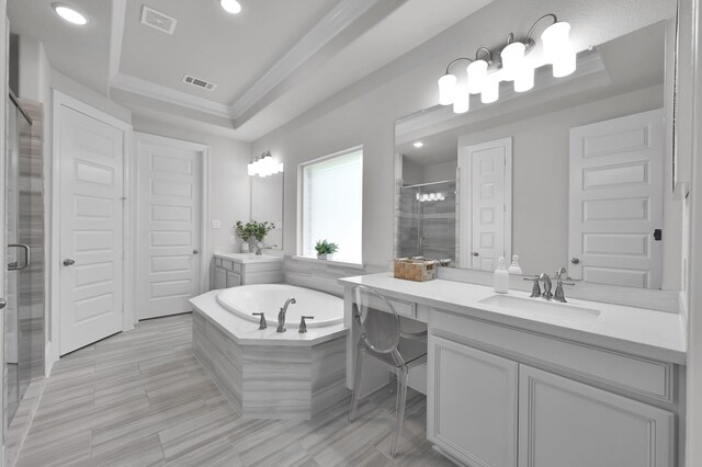 503 Woodsy Pine Ct, Conroe, TX 77304 - full bath featuring vanity, a stall shower, a bath, recessed lighting, and crown molding