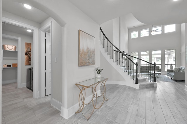 503 Woodsy Pine Ct, Conroe, TX 77304 - foyer with a ceiling fan, stairs, baseboards, and recessed lighting