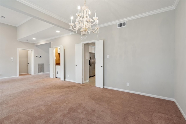 1438 Trace Dr, Houston, TX 77077 - empty room featuring crown molding, a chandelier, light colored carpet, baseboards, and recessed lighting