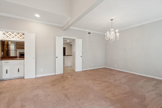 1438 Trace Dr, Houston, TX 77077 - empty room with ornamental molding, light carpet, a chandelier, baseboards, and recessed lighting