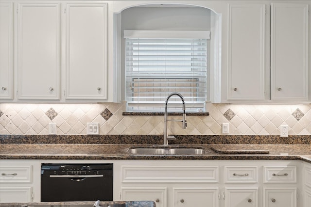 1438 Trace Dr, Houston, TX 77077 - kitchen with black dishwasher, a sink, white cabinets, and dark stone counters