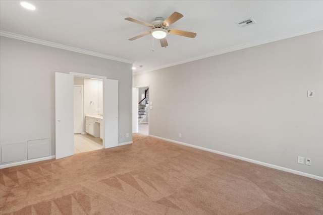 1438 Trace Dr, Houston, TX 77077 - spare room featuring crown molding, a ceiling fan, light colored carpet, baseboards, and recessed lighting