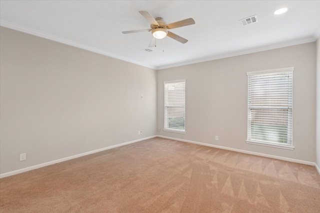 1438 Trace Dr, Houston, TX 77077 - unfurnished room with crown molding, baseboards, light colored carpet, and a ceiling fan