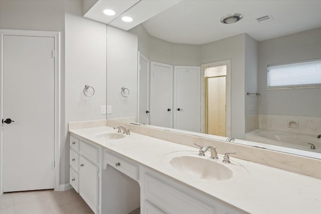 1438 Trace Dr, Houston, TX 77077 - full bathroom with tile patterned floors, double vanity, a garden tub, and a shower stall