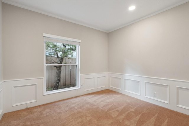 1438 Trace Dr, Houston, TX 77077 - carpeted spare room featuring ornamental molding, recessed lighting, a decorative wall, and wainscoting