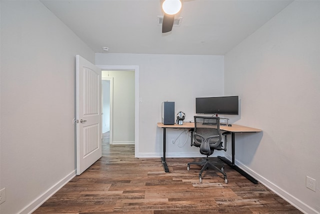 2023 Wilcrest Dr, Houston, TX 77042 - office area featuring a ceiling fan, wood finished floors, and baseboards