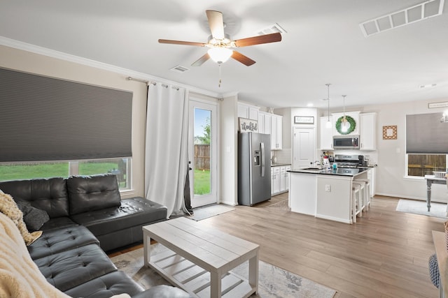 31110 Birch Mills Dr, Hockley, TX 77447 - living room with plenty of natural light, ceiling fan, light wood finished floors, crown molding, and baseboards