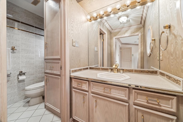 903 Old Lake Rd, Houston, TX 77057 - bathroom with toilet, tile patterned flooring, vanity, and ornamental molding