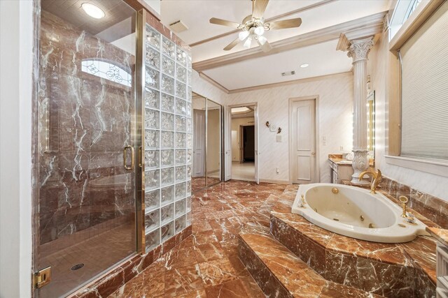 903 Old Lake Rd, Houston, TX 77057 - full bathroom featuring crown molding, marble tiled flooring, a marble finish shower, a whirlpool tub, and ceiling fan