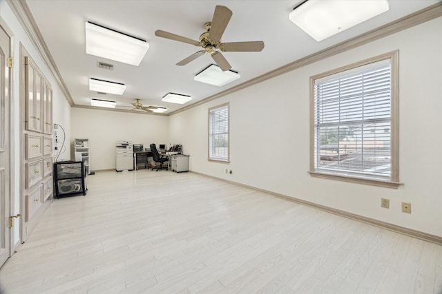 903 Old Lake Rd, Houston, TX 77057 - home office featuring ceiling fan, ornamental molding, light wood finished floors, and baseboards