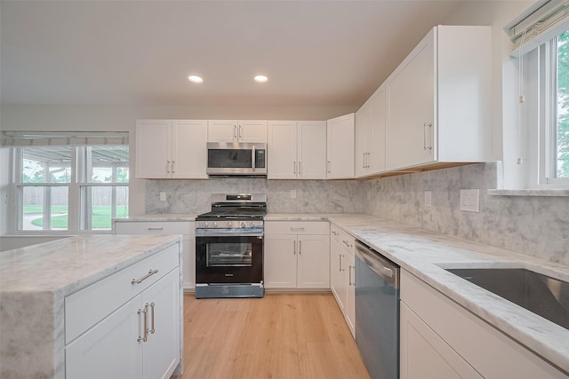 2543 Forge Stone Dr, Friendswood, TX 77546 - kitchen featuring stainless steel appliances, light wood-type flooring, healthy amount of natural light, light stone countertops, and recessed lighting