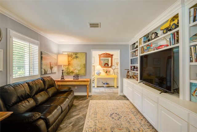 16814 Creeksouth Rd, Houston, TX 77068 - living room with ornamental molding, wood finished floors, built in shelves, and baseboards