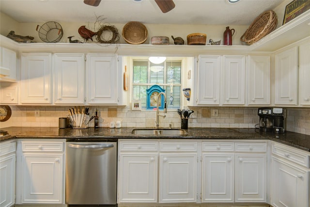 16814 Creeksouth Rd, Houston, TX 77068 - kitchen featuring dishwasher, a sink, white cabinetry, and decorative backsplash