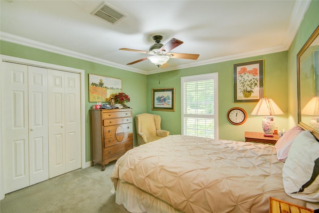 16814 Creeksouth Rd, Houston, TX 77068 - bedroom with carpet, a closet, ornamental molding, and ceiling fan