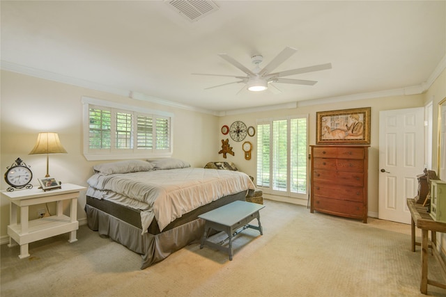 16814 Creeksouth Rd, Houston, TX 77068 - bedroom featuring crown molding, multiple windows, light colored carpet, and ceiling fan