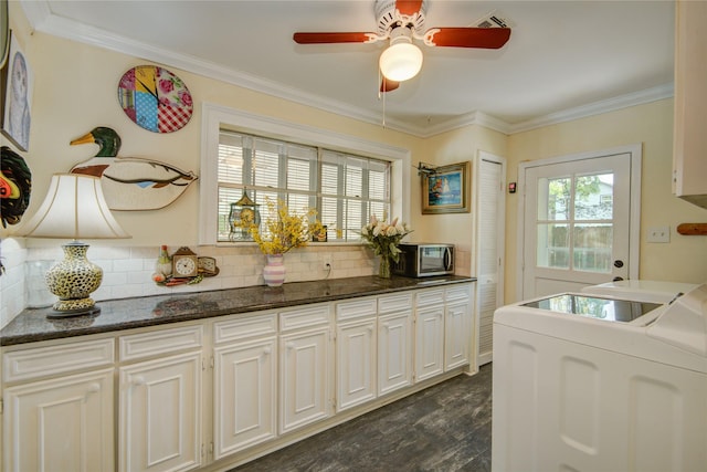 16814 Creeksouth Rd, Houston, TX 77068 - kitchen featuring independent washer and dryer, ceiling fan, decorative backsplash, dark wood finished floors, and ornamental molding