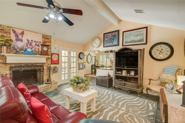 16814 Creeksouth Rd, Houston, TX 77068 - living room featuring french doors, a ceiling fan, carpet floors, and a fireplace