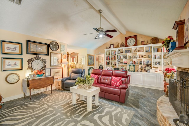 16814 Creeksouth Rd, Houston, TX 77068 - carpeted living room with a ceiling fan, a fireplace, and baseboards