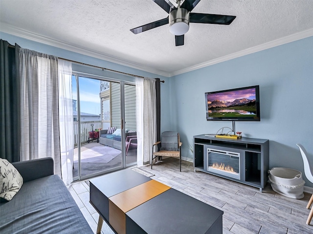 6300 Seawall Blvd Unit 3123, Galveston, TX 77551 - living room with a textured ceiling, crown molding, ceiling fan, wood tiled floors, and baseboards