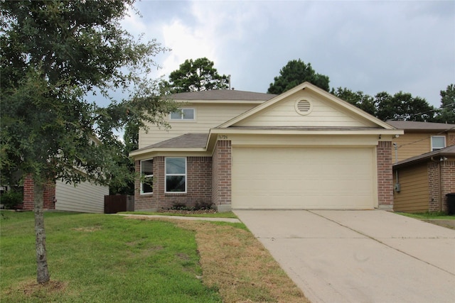 16726 Warbler Dr, Conroe, TX 77385 - traditional-style house with an attached garage, brick siding, concrete driveway, and a front yard
