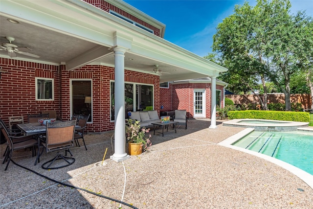 5706 Amber Queen Ct, Houston, TX 77041 - view of patio featuring a ceiling fan, an in-ground hot tub, an outdoor living space, and outdoor dining space