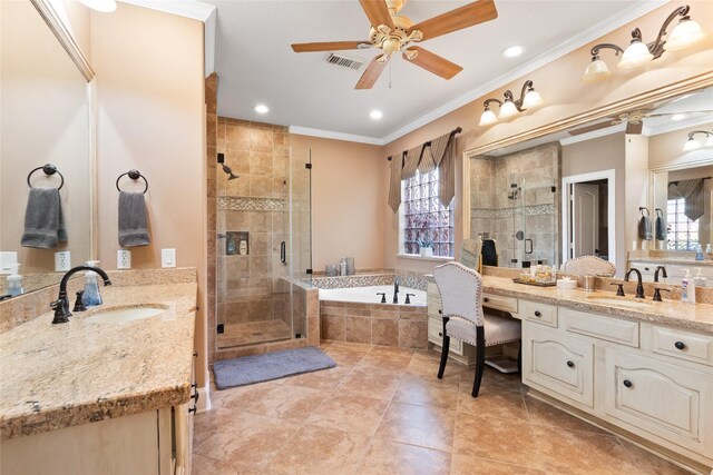 5706 Amber Queen Ct, Houston, TX 77041 - full bathroom with plenty of natural light, two vanities, crown molding, a stall shower, and recessed lighting