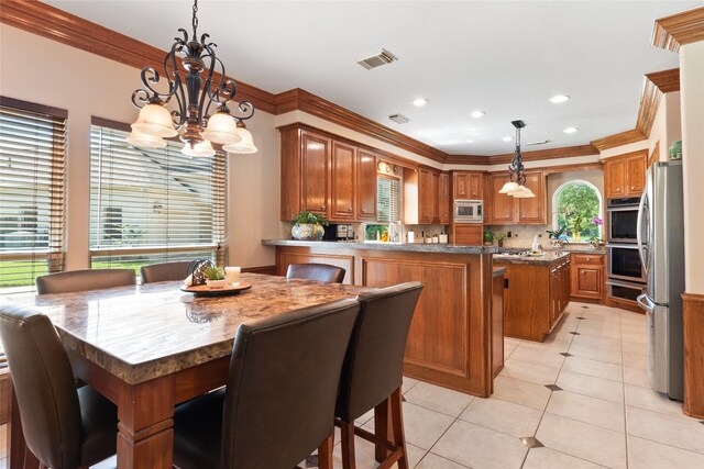 5706 Amber Queen Ct, Houston, TX 77041 - dining room featuring a chandelier, light tile patterned floors, ornamental molding, and recessed lighting