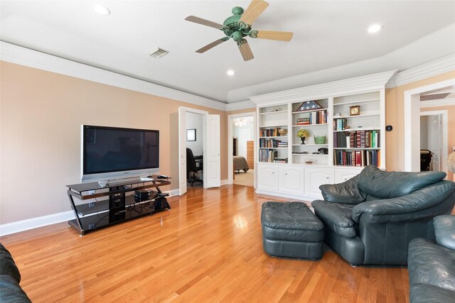 5706 Amber Queen Ct, Houston, TX 77041 - living room with a ceiling fan, baseboards, light wood finished floors, recessed lighting, and ornamental molding
