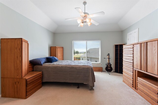 5706 Amber Queen Ct, Houston, TX 77041 - bedroom with light colored carpet, lofted ceiling, and ceiling fan