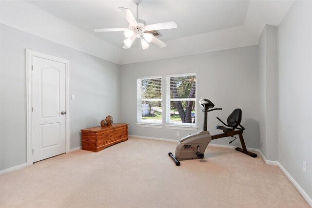 5706 Amber Queen Ct, Houston, TX 77041 - exercise area with carpet floors, a ceiling fan, and baseboards