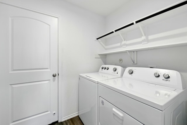 40518 Crisp Beech St, Magnolia, TX 77354 - laundry room featuring independent washer and dryer, dark wood finished floors, and baseboards