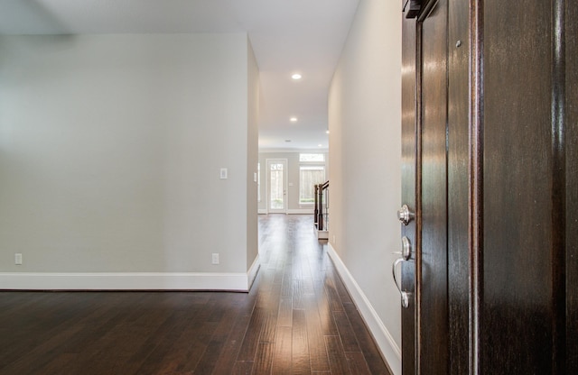 5726 Brancott Way, Houston, TX 77096 - corridor featuring dark wood-type flooring, baseboards, and recessed lighting