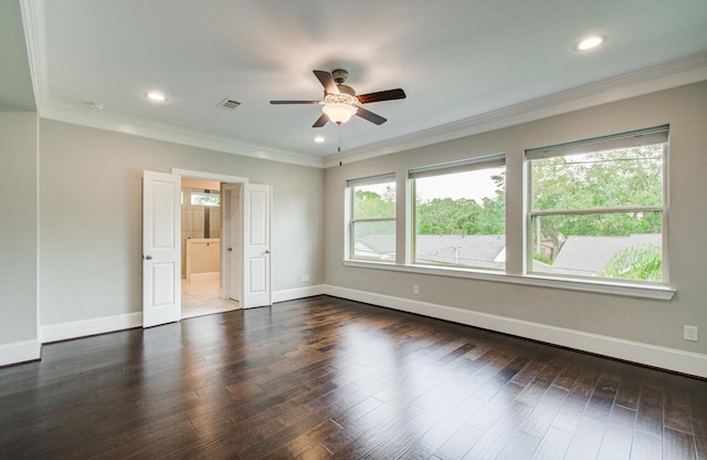 5726 Brancott Way, Houston, TX 77096 - spare room featuring ceiling fan, crown molding, dark wood finished floors, baseboards, and recessed lighting