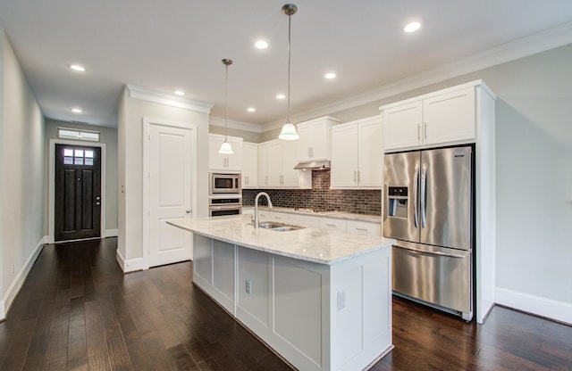 5726 Brancott Way, Houston, TX 77096 - kitchen with stainless steel appliances, a sink, under cabinet range hood, tasteful backsplash, and light stone countertops