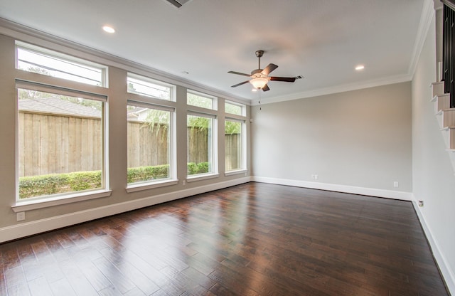5726 Brancott Way, Houston, TX 77096 - unfurnished room featuring a ceiling fan, baseboards, ornamental molding, dark wood finished floors, and recessed lighting