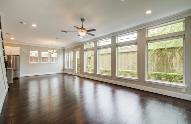 5726 Brancott Way, Houston, TX 77096 - unfurnished living room with a chandelier, a ceiling fan, crown molding, baseboards, and dark wood-style floors