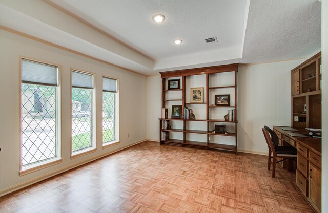 6119 Bankside Dr, Houston, TX 77096 - office featuring baseboards, a textured ceiling, a raised ceiling, and recessed lighting