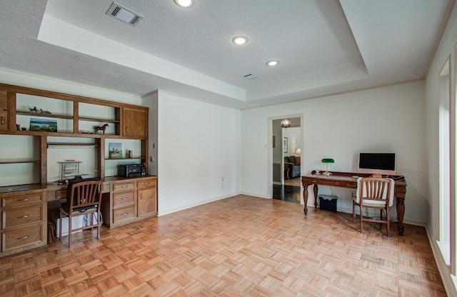 6119 Bankside Dr, Houston, TX 77096 - office space with a raised ceiling, baseboards, built in desk, and recessed lighting