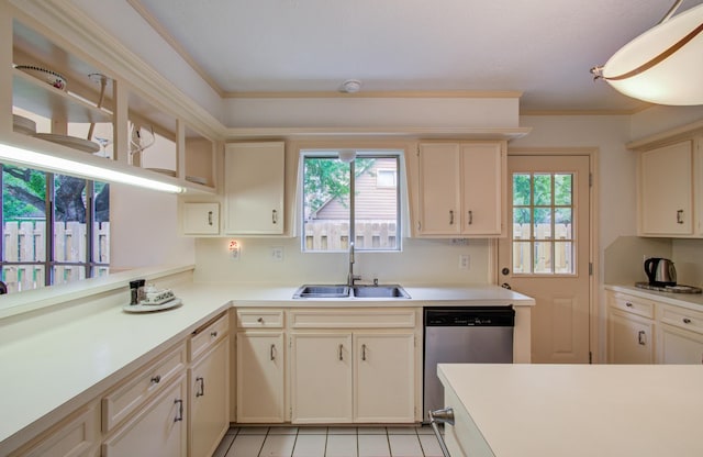 6119 Bankside Dr, Houston, TX 77096 - kitchen with a sink, dishwasher, plenty of natural light, light countertops, and crown molding