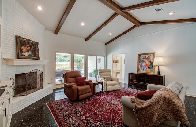 6119 Bankside Dr, Houston, TX 77096 - living area featuring beam ceiling, a fireplace, baseboards, recessed lighting, and high vaulted ceiling